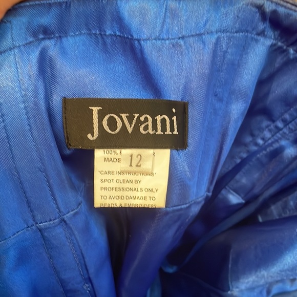 JOVANI satin blue mermaid evening gown with one shoulder embellished bow detail - Picture 5 of 5